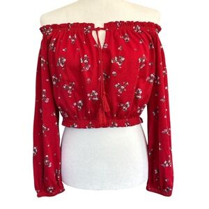H&M Divided Floral Off Shoulder Crop Top Long Sleeve‎ Peasant Style Blouse Red M